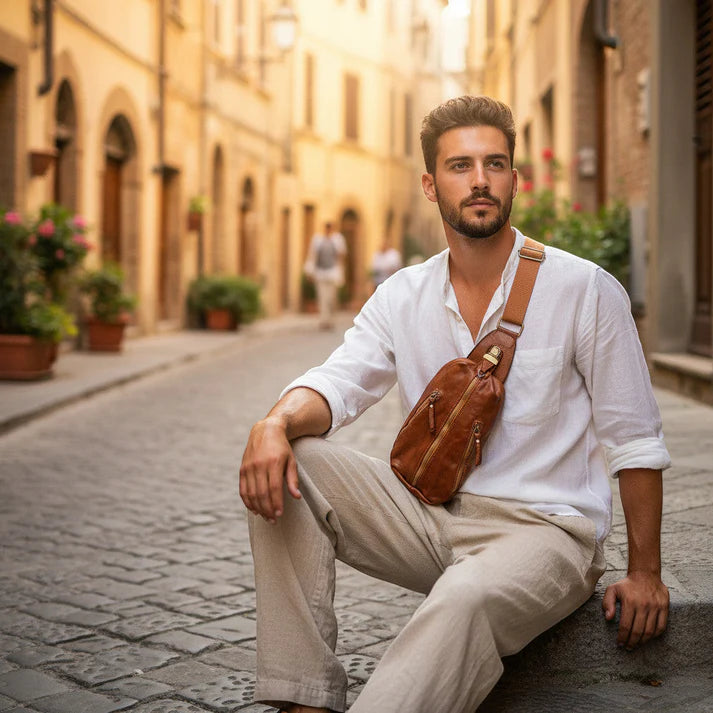 herr midjeväska crossbody i italienskt naturläder i konjaks-, svart och brunt