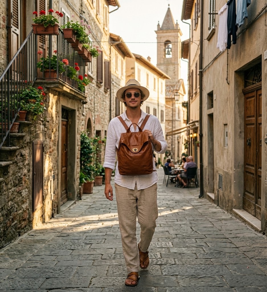 man walking down a street with a vintage-style cognac-colored leather backpack made of Italian leather