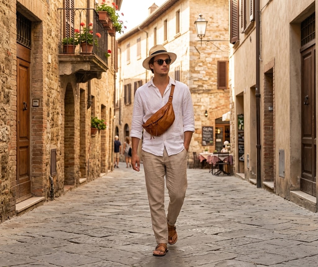 Man with a cognac brown leather crossbody waist bag in a casual outfit