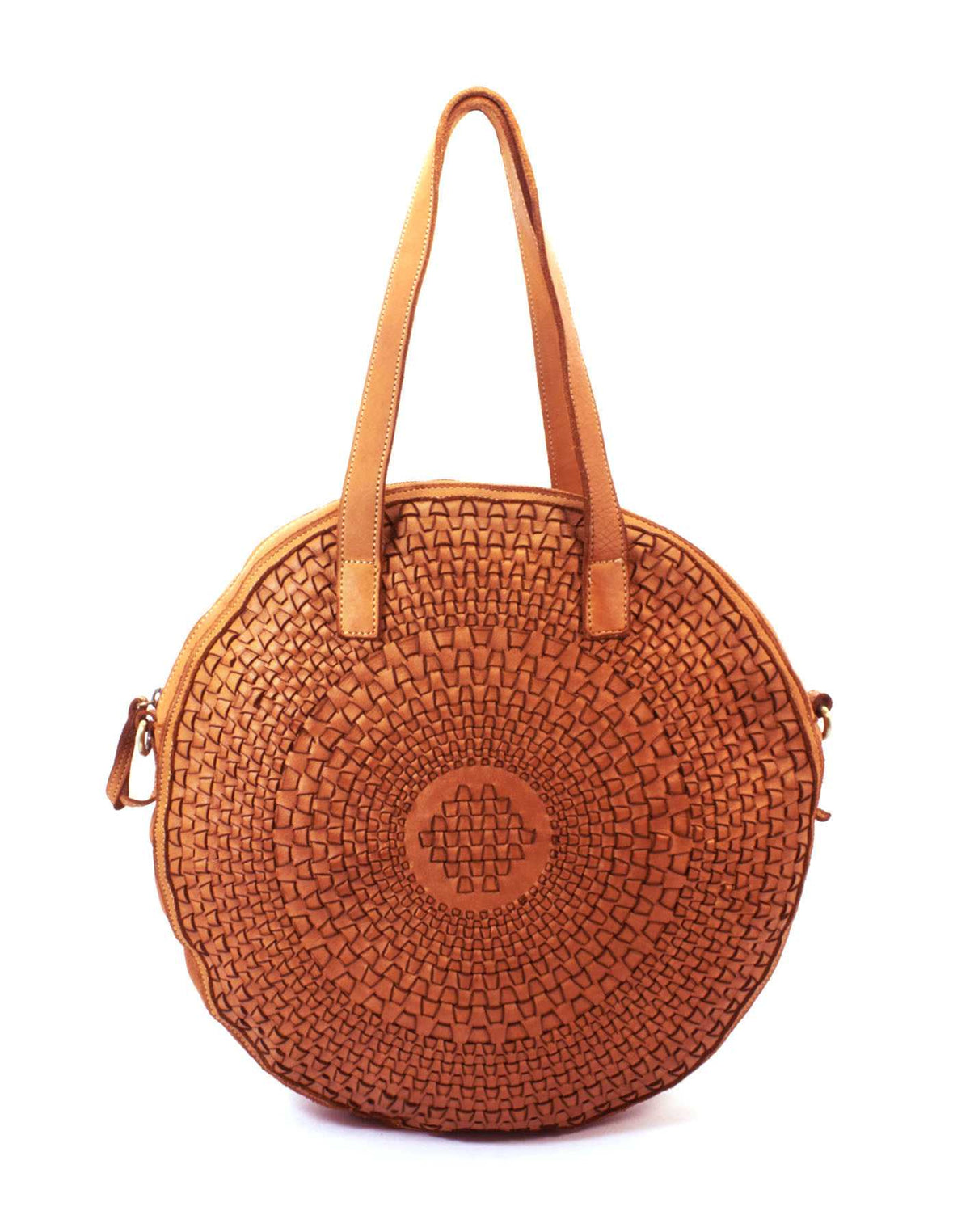 sac porté épaule et sac à bandoulière ovale pour femme en cuir italien couleur cognac / marron