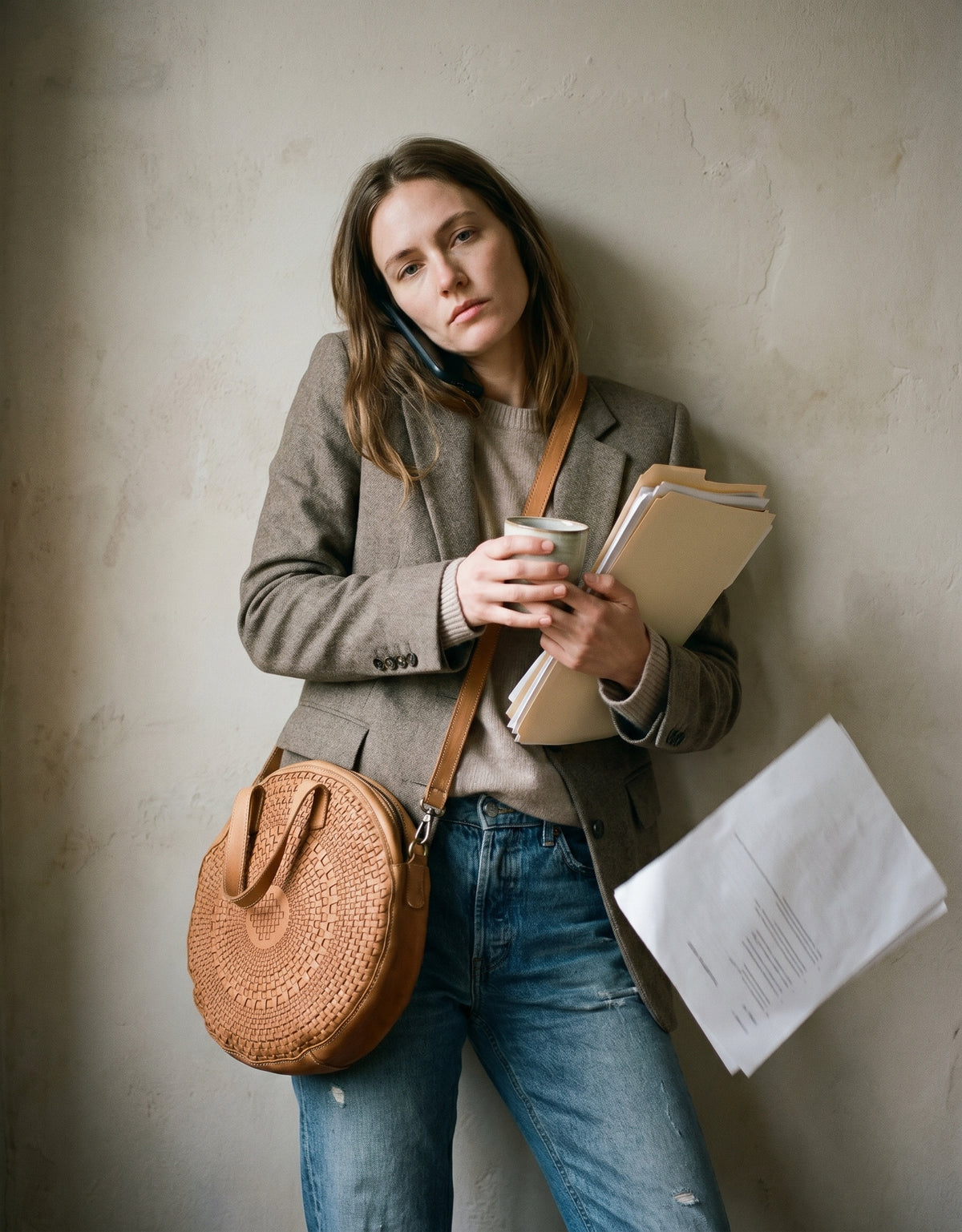 Sac à main - sac porté épaule ovale en cuir italien porté en bandoulière par une femme au travail