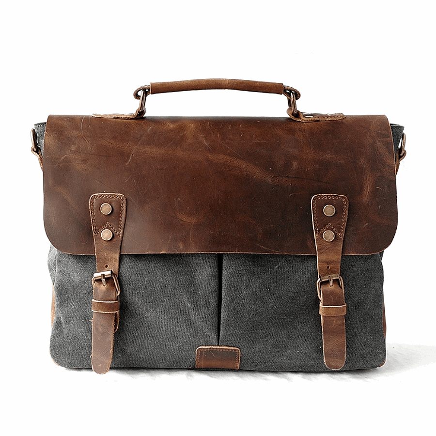 Vintage canvas briefcase with detachable and adjustable strap, unisex, dark gray color