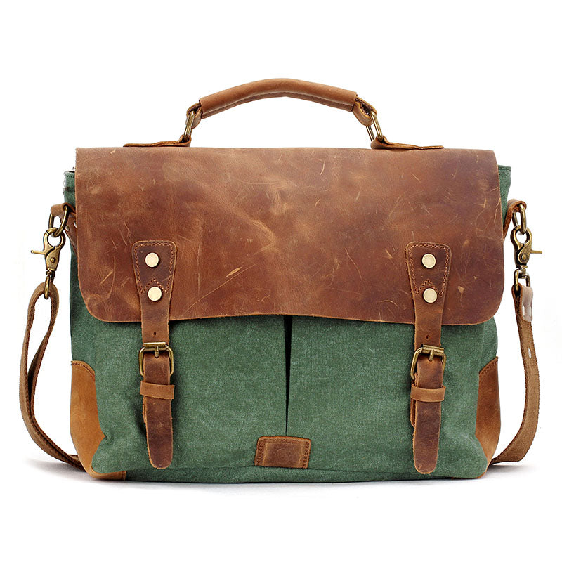 Vintage canvas briefcase with shoulder strap – OXFORD unisex, coral green