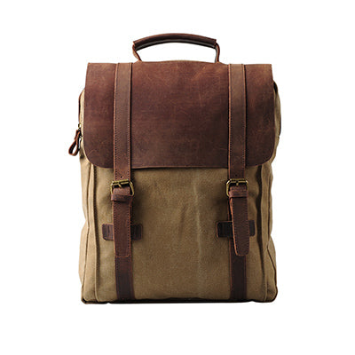 Duży plecak damski z bawełnianego płótna canvas w kolorze khaki ze skórzanymi detalami, w stylu vintage 