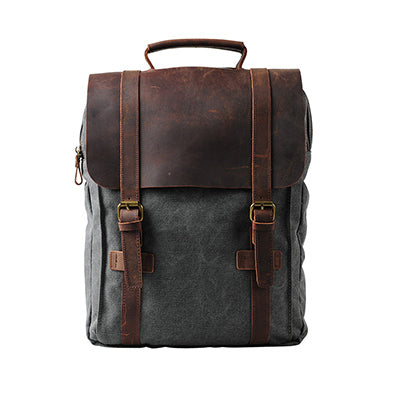 Grey vintage cotton canvas backpack with leather details