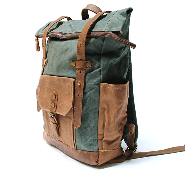 Large women's backpack made of canvas and genuine leather in green
