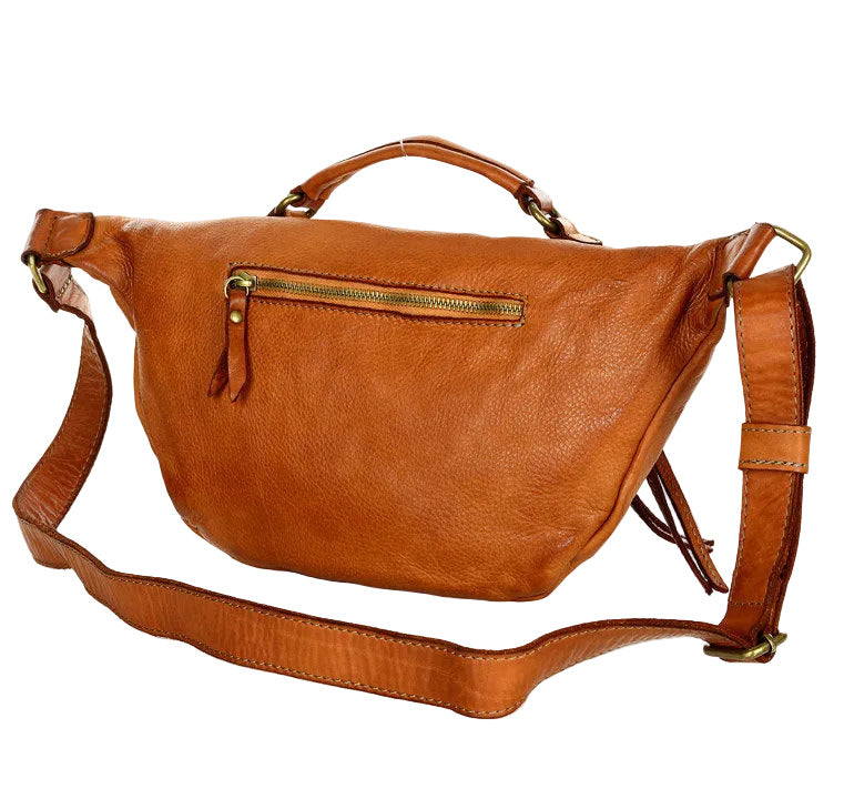 Platt midjeväska i läder med bakficka med dragkedja, i vintage-stil
