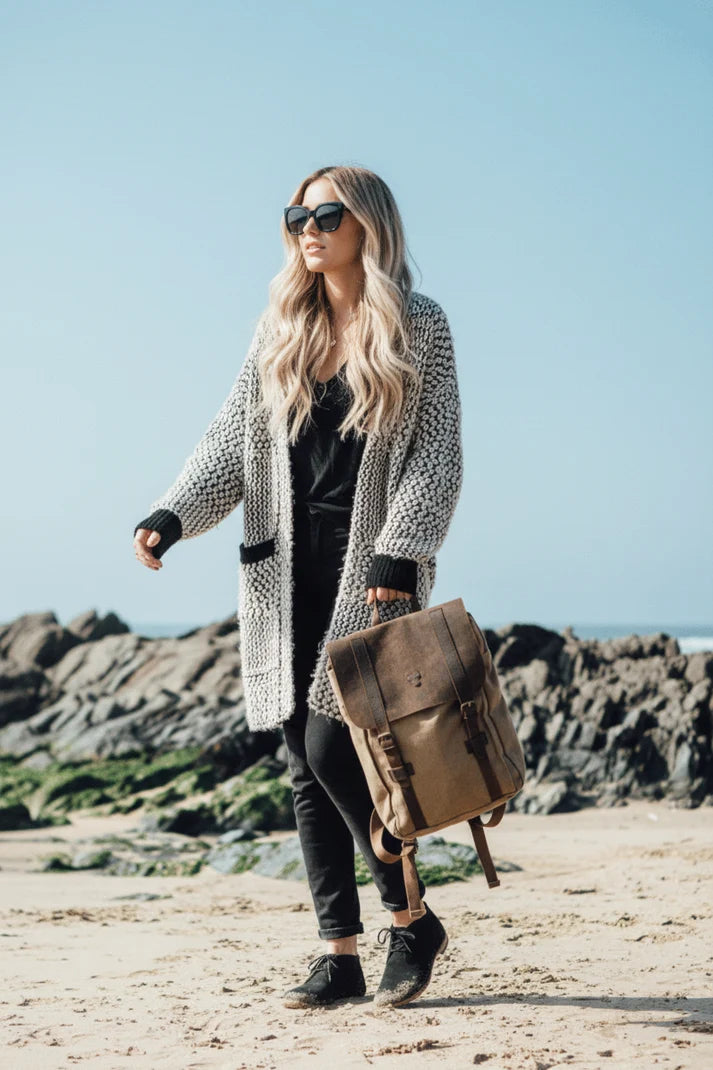 Women's canvas backpack with leather flap in casual style