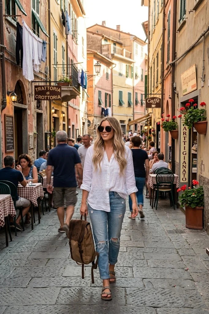Woman with a large canvas backpack in an urban outfit