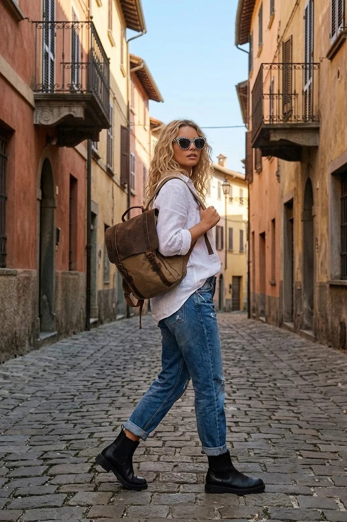 Woman wearing a canvas backpack with leather details for everyday