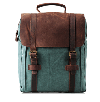 Turquoise green women's backpack made of cotton canvas and genuine leather