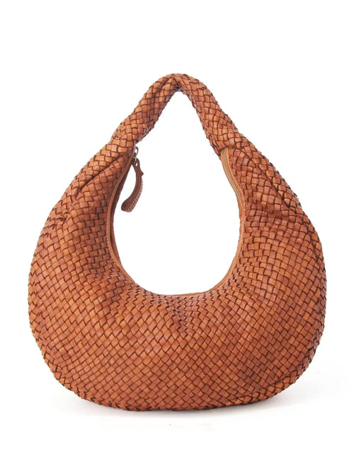 Flätad läderväska för kvinnor i konjaksbrunt, hobo-stil