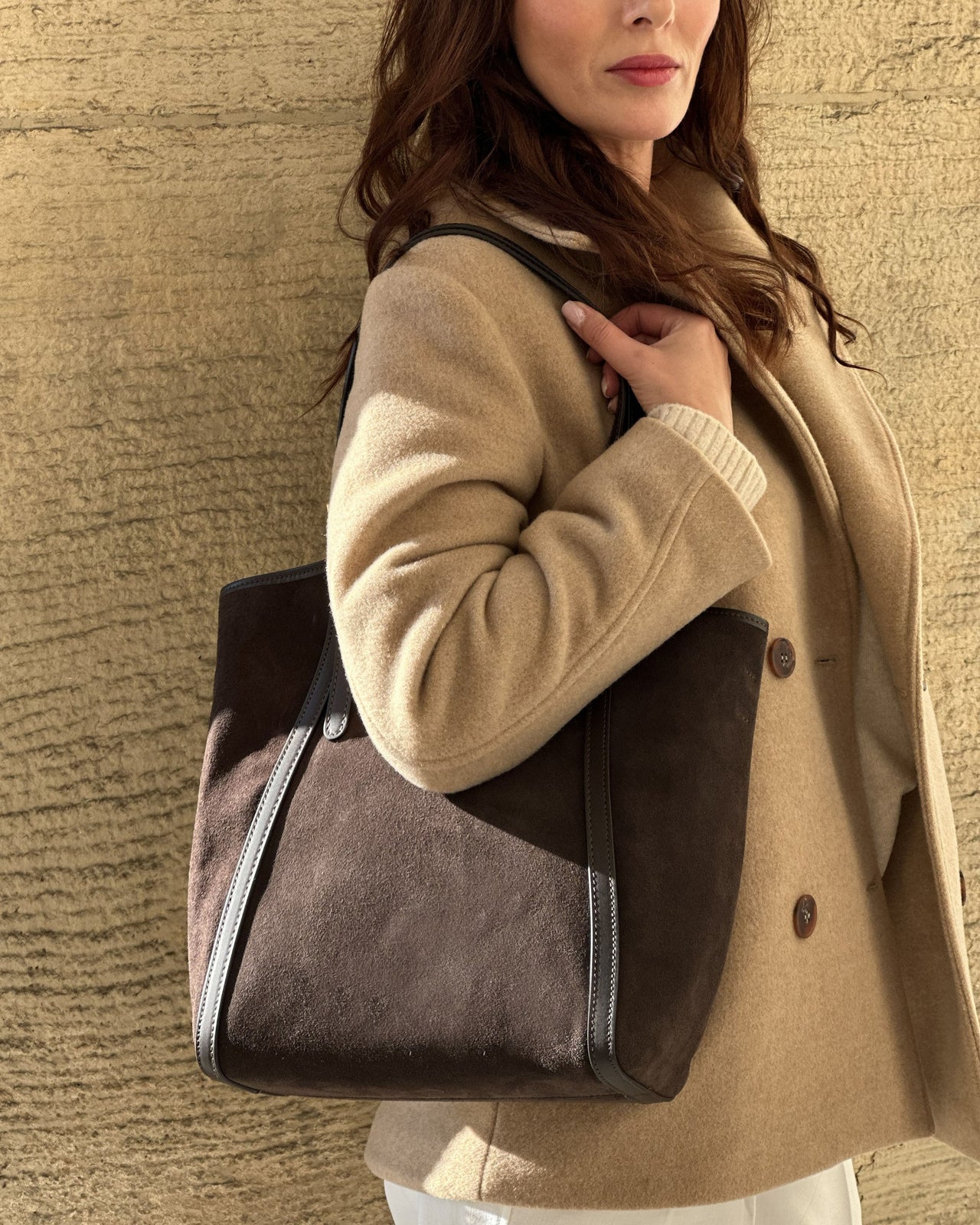 BASTOGNE Sue. Elegancki shopper bag torba na ramię z włoskiego zamszu