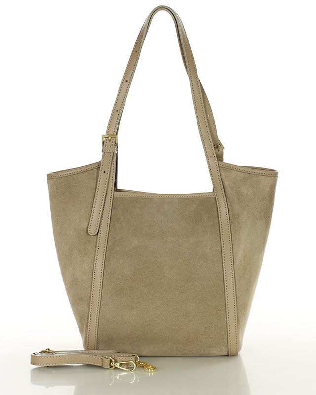 BASTOGNE Sue. Elegancki shopper bag torba na ramię z włoskiego zamszu beige-taupe