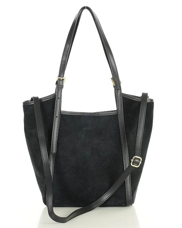 BASTOGNE Sue. Elegancki shopper bag torba na ramię z włoskiego zamszu czerń