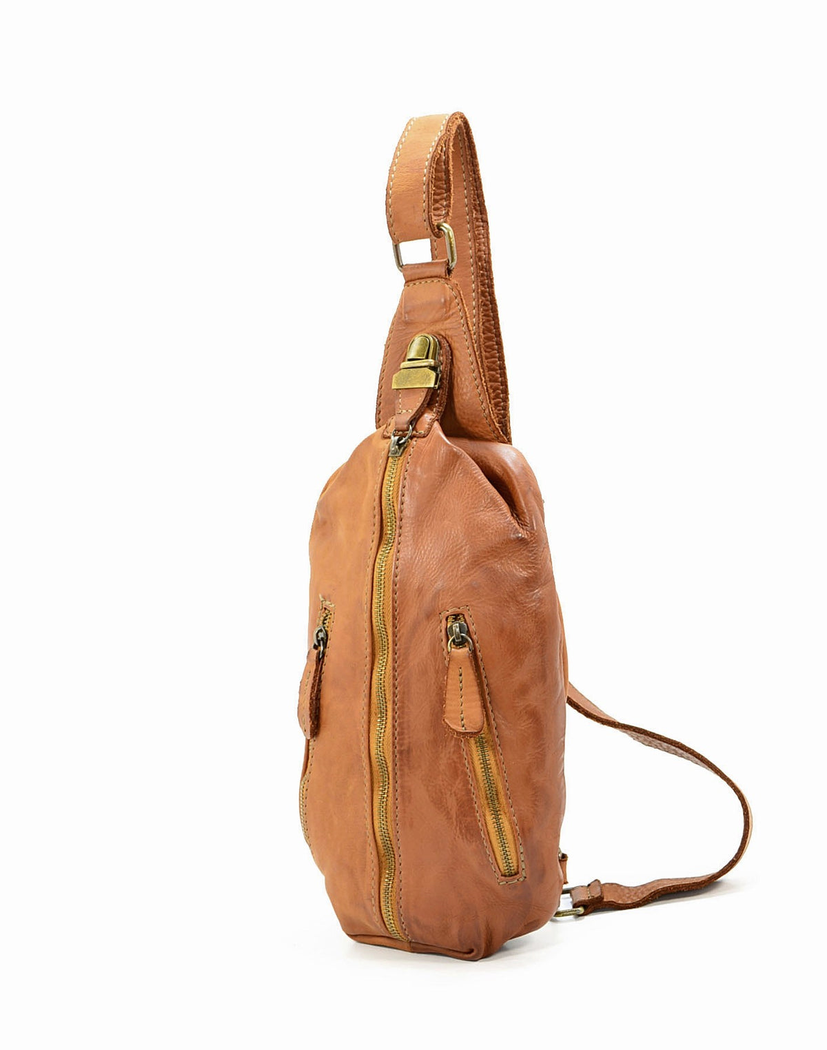 Läder crossbody midjeväska med justerbart italienskt tvättat läderband i cognac och brunt, för dam eller herr