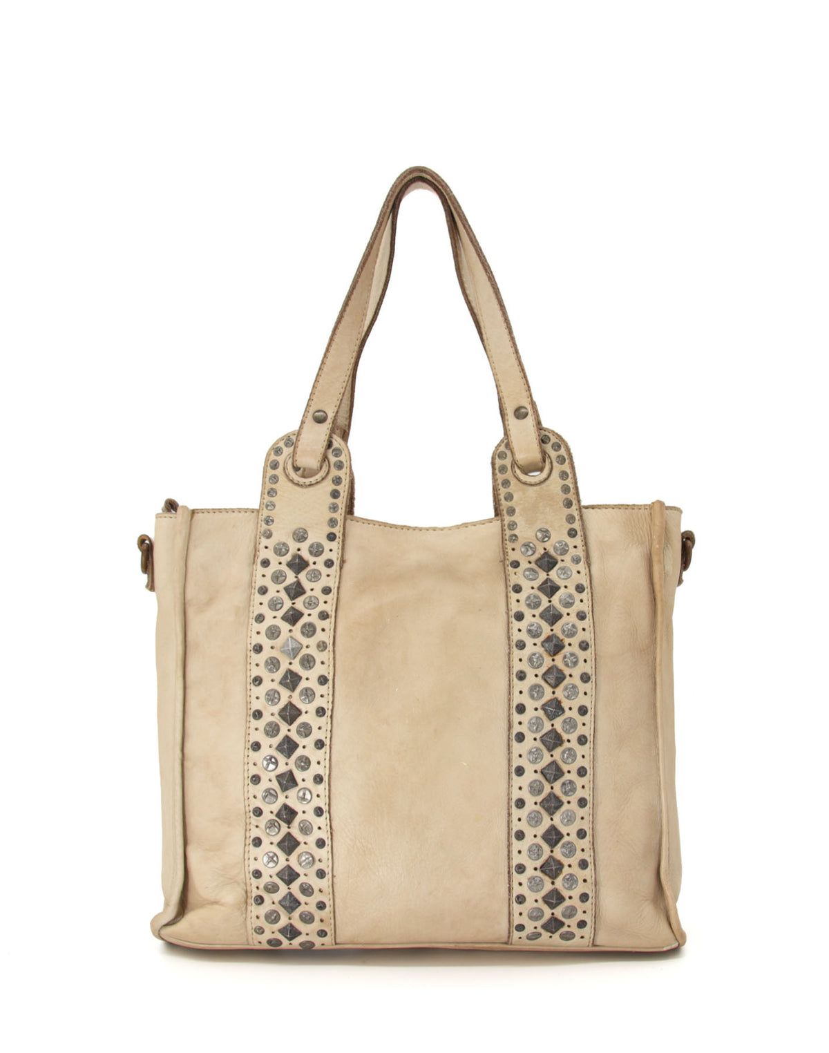 Damväska i beige taupe läder med dekorativa nitar