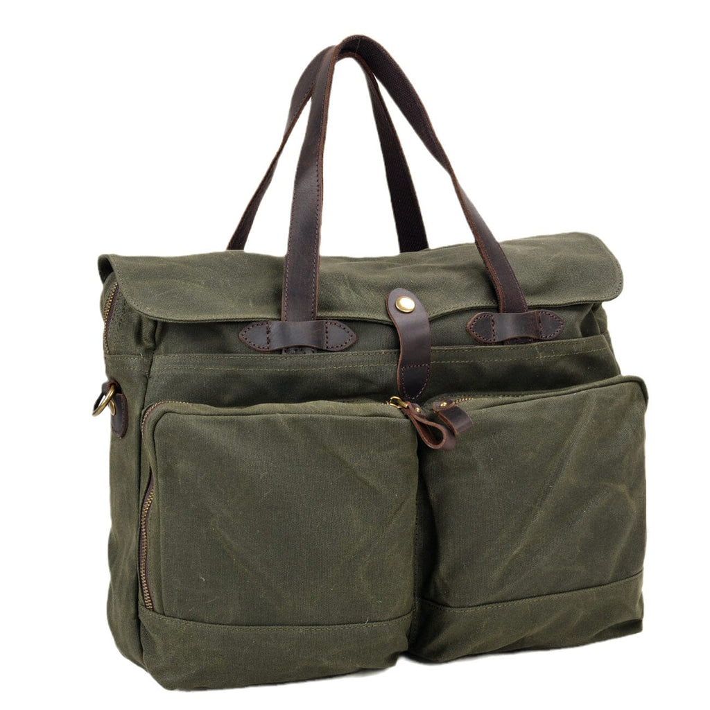 Zielona khaki torba vintage na laptopa z kieszeniami zewnętrznymi i skórzanymi detalami