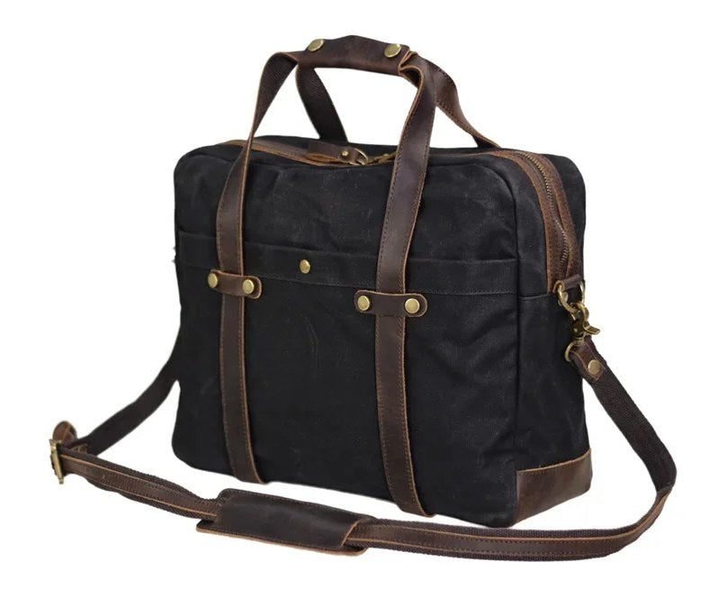 Czarna torba biznesowa z woskowanego płótna canvas i skóry, unisex