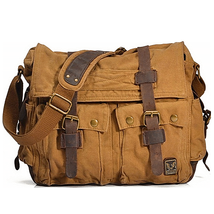 Large shoulder bag made of cotton canvas ADVENTURE XL in desert khaki color