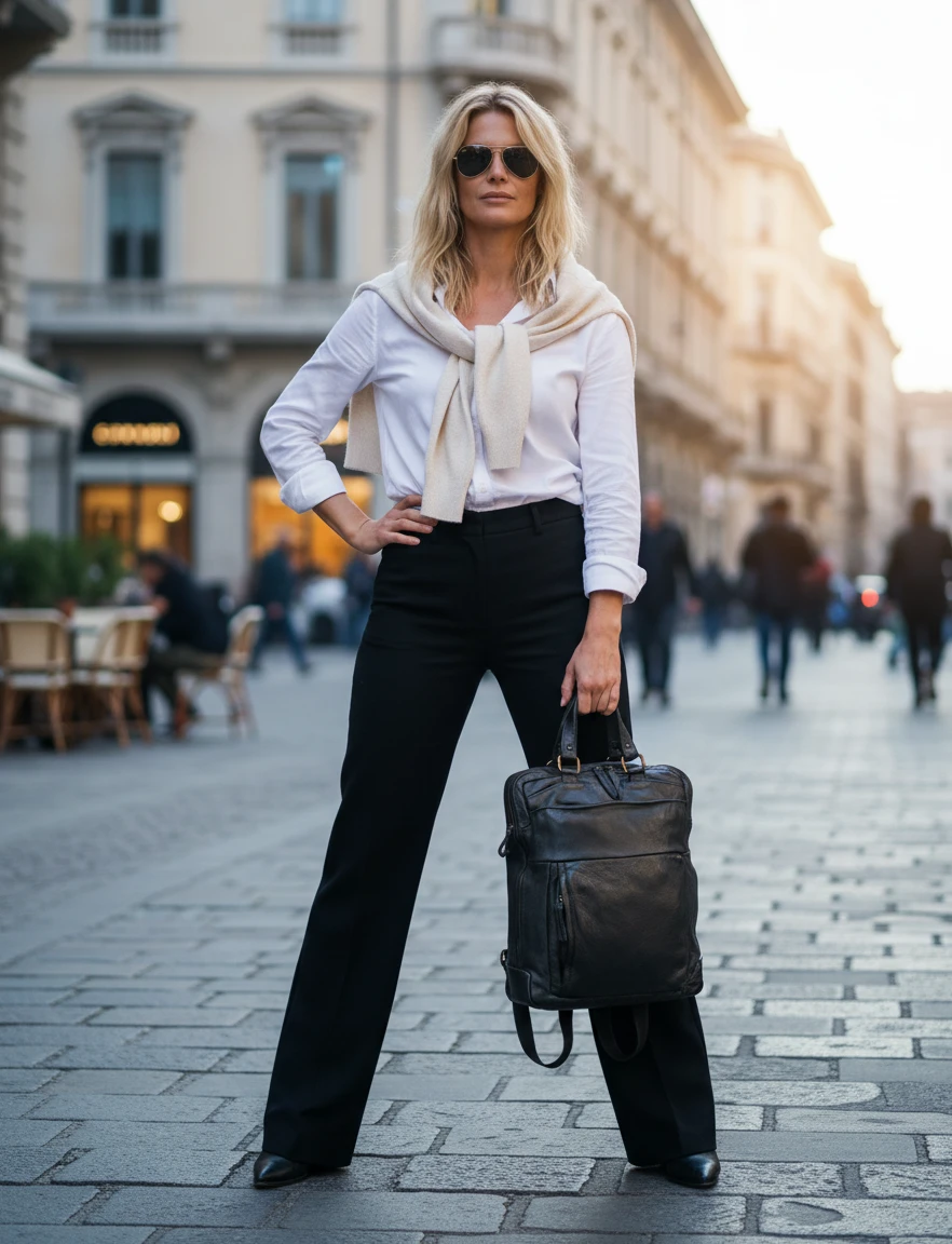 Businesswomen stoi na ulicy z czarnym skórzanym plecakiem-torbą 2w1 w ręku. Plecak w stylu vintage