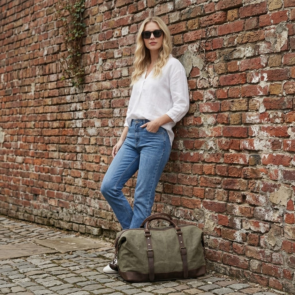 Kobieta oparta o mur z zieloną khaki torbą podróżną z płótna canvas - lifestyle