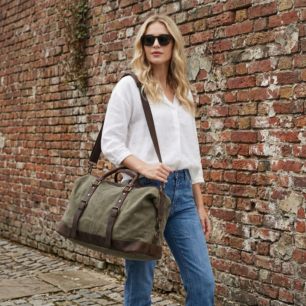 Kobieta w jeansach z przewieszoną na ramieniu dużą torbę podróżną z grubego płótna canvas w kolorze zieleni wojskowej – lifestyle