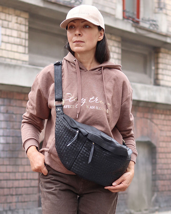 Torq3. Duża skórzana torba nerka damska crossbody pleciona skóra