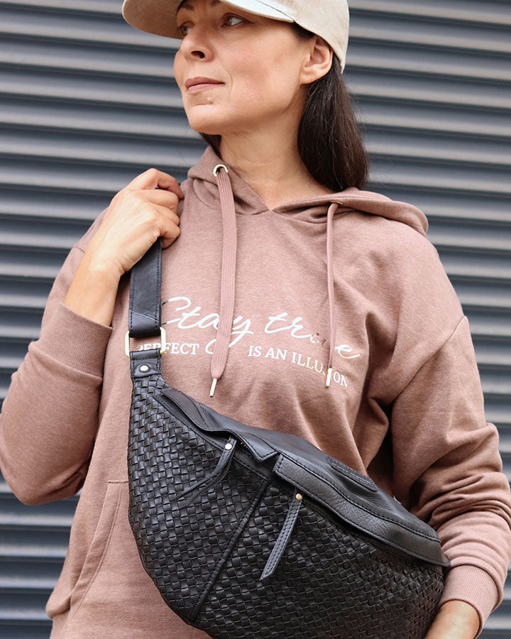 Torq3. Duża skórzana torba nerka damska crossbody pleciona skóra