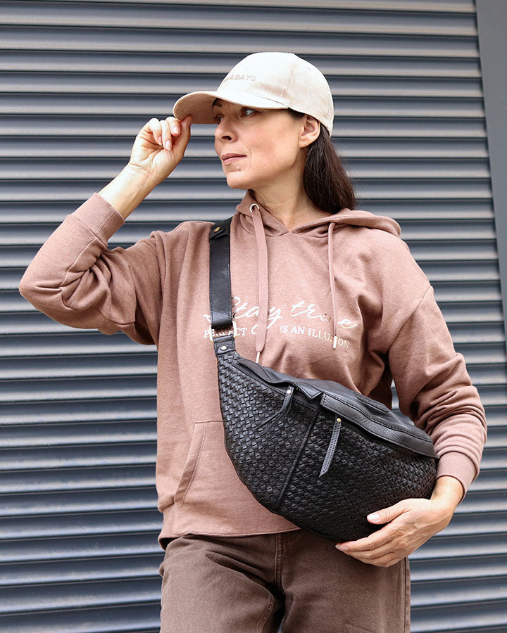 Torq3. Duża skórzana torba nerka damska crossbody pleciona skóra