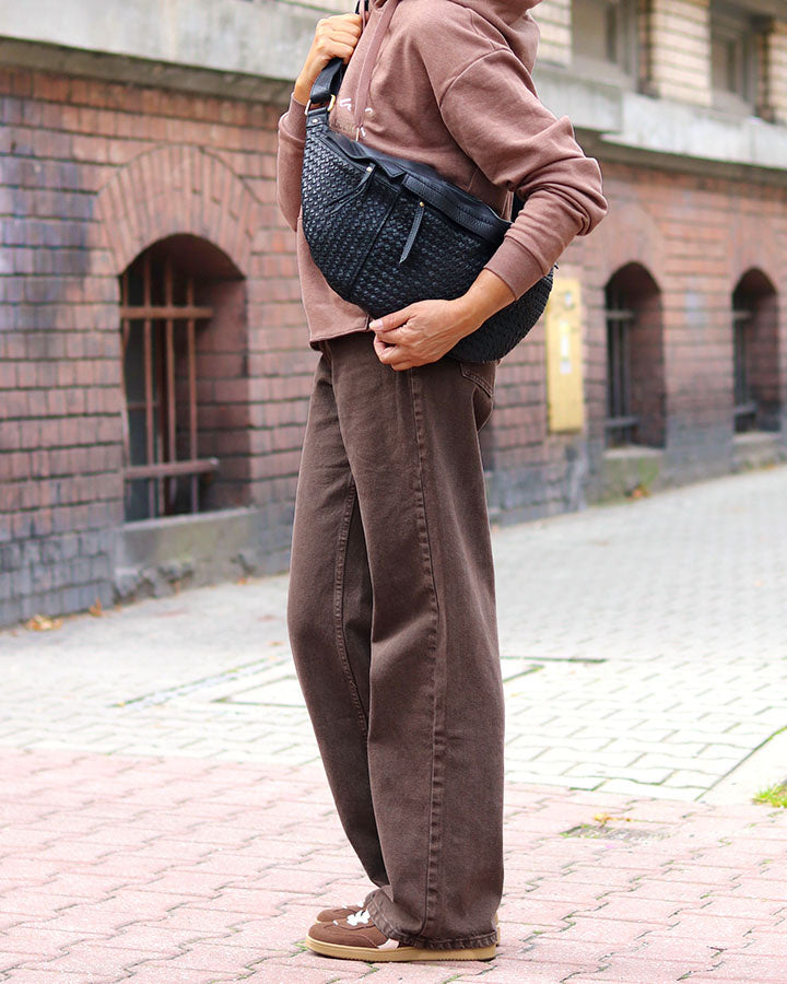 Torq3. Duża skórzana torba nerka damska crossbody pleciona skóra