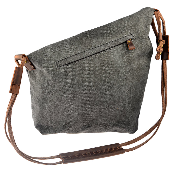 Back of women's hobo shoulder bag made of thick canvas and calfskin, with a zip pocket