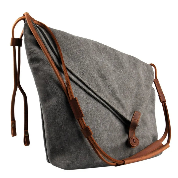 Women's bucket shoulder bag made of thick cotton canvas and calfskin, grey