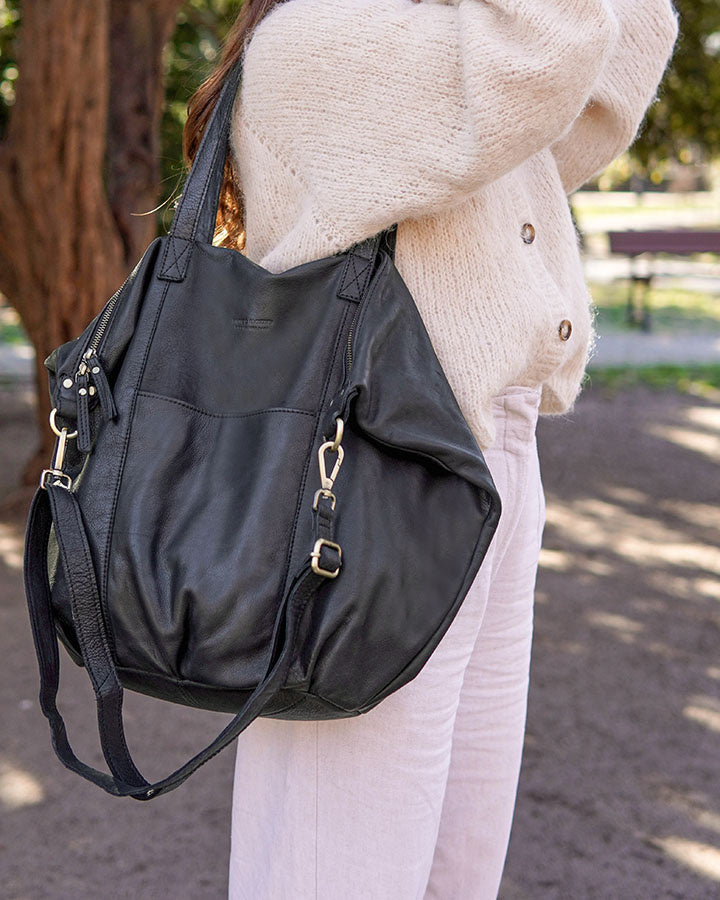Candini Grande 2w1. Skórzana damska torba na ramię shopper bag crossbody, brązowa & czarna