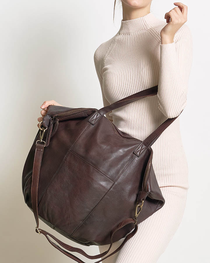 ciemnobrązowa skórzana shopperka damska torba na ramię z funkcją crossbody