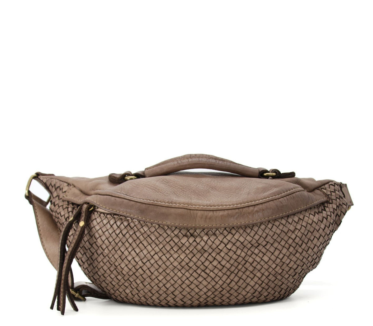 Italiensk damlädermidjeväska i flätat läder med dragkedja - beige taupe