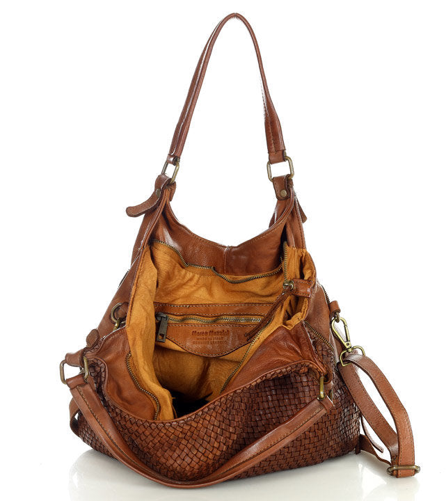 Caldoni Intrecciato - Duża damska skórzana torba na ramię – shopper w stylu Hobo