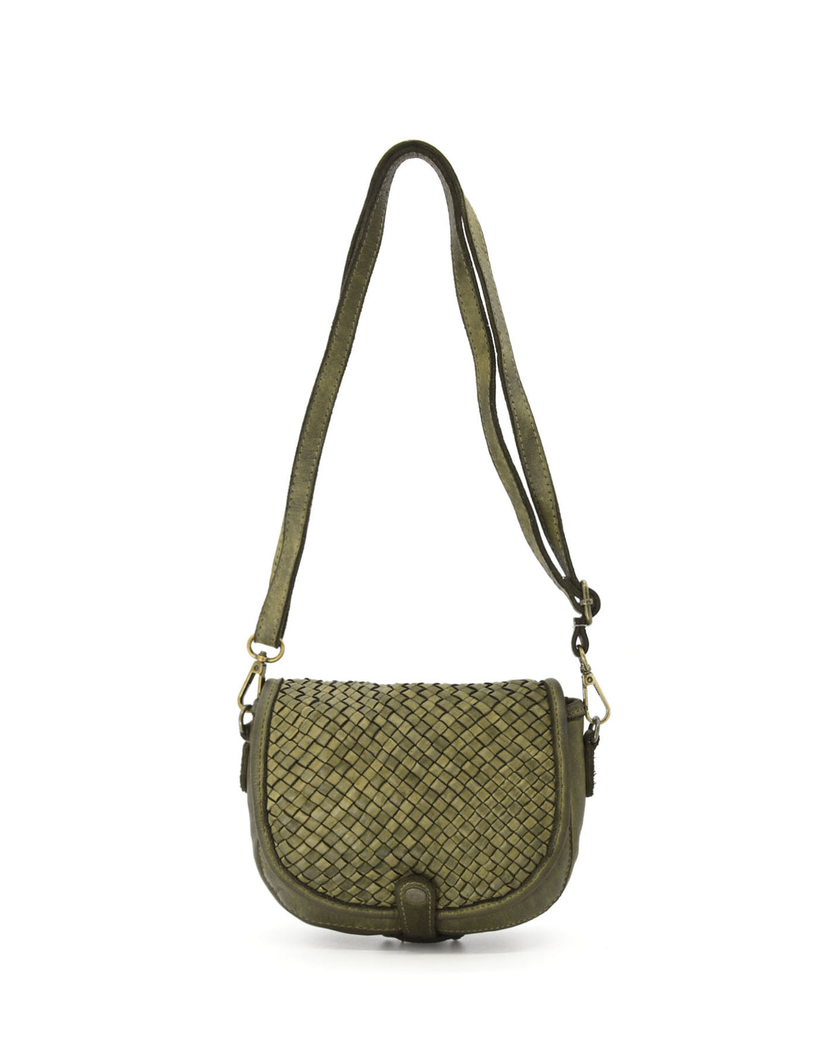Zielona mała damska torebka crossbody z włoskiej skóry naturalnej. Jej klasyczny fason i pleciony tył dodają charakteru codziennym stylizacjom.	