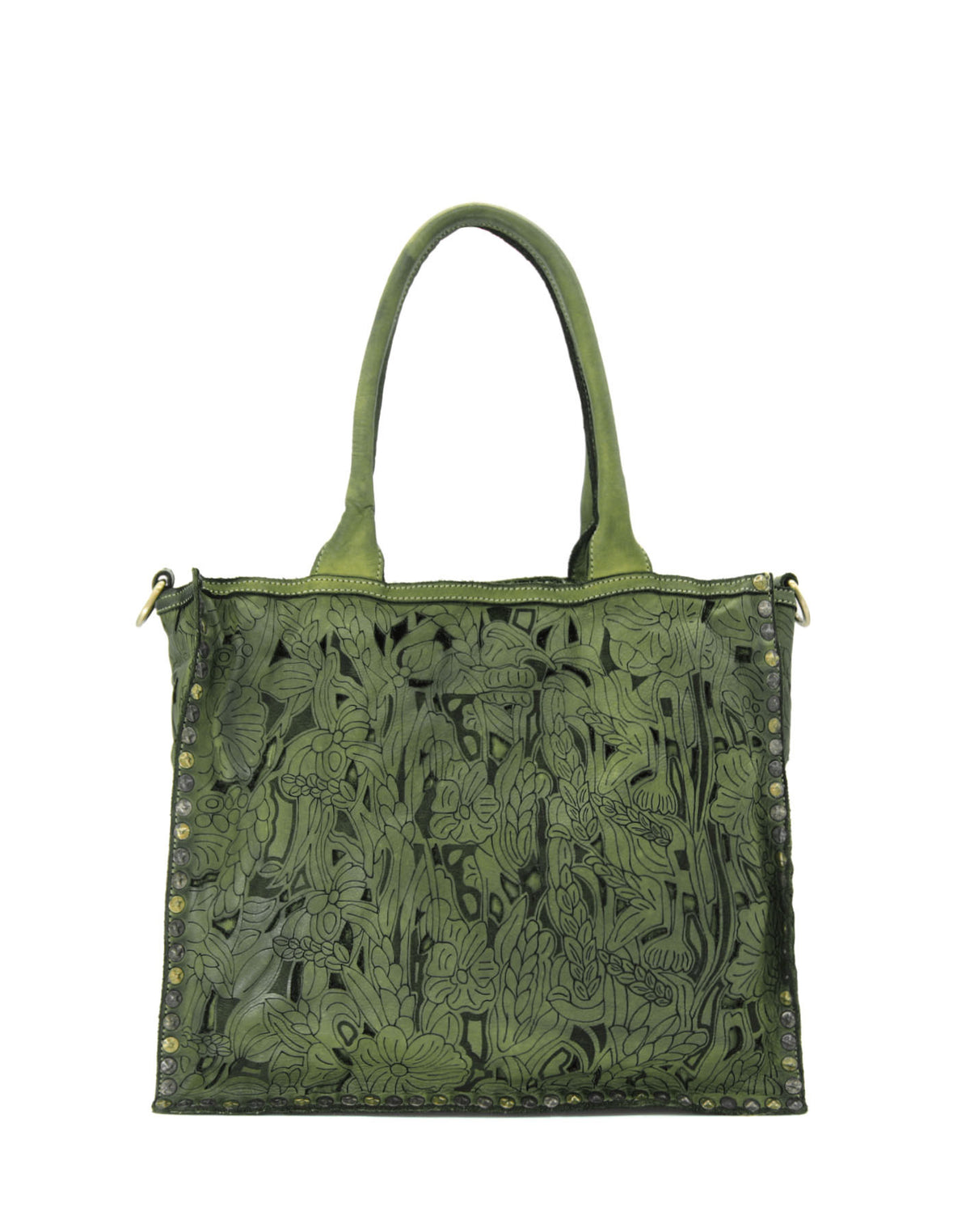 Zielona skórzana torba shopper w stylu Boho z ażurowym motywem kwiatowym